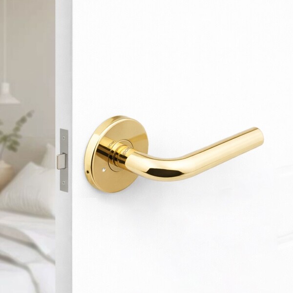 꾸밈닷컴 - 손잡이/도어락 ▼ > 방문손잡이 ▼ > 레버 버튼형 > 도무스 방문손잡이 905PVD 스텐 골드