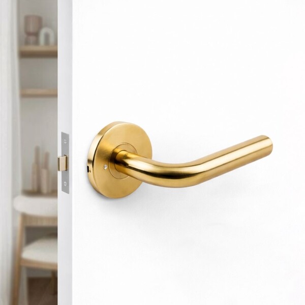 꾸밈닷컴 - 손잡이/도어락 ▼ > 방문손잡이 ▼ > 레버 버튼형 > 도무스 방문손잡이 905SB 골드