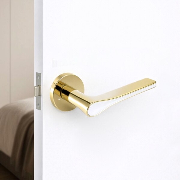 꾸밈닷컴 - 손잡이/도어락 ▼ > 방문손잡이 ▼ > 레버 버튼형 > 도무스 방문손잡이 707PVD 골드