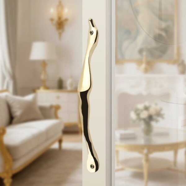 꾸밈닷컴 - 손잡이/도어락 ▼ > 가구손잡이 ▼ > 전면고정형 > 황동 중문 손잡이 플로우 골드